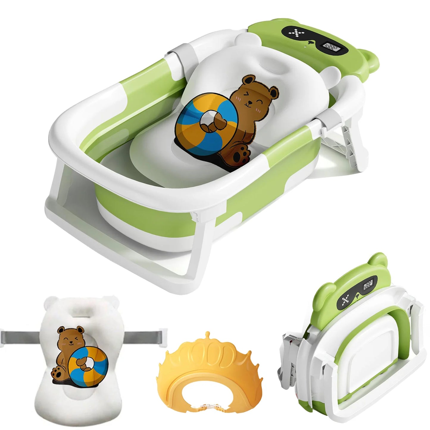 Baby Bath Tub With Cushion Foldable Thermometer Shower Cap