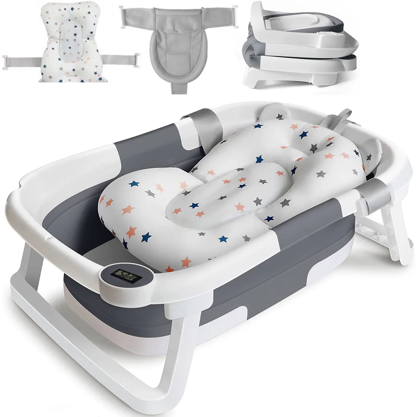 Baby Bath Tub With Cushion Foldable Thermometer Shower Cap