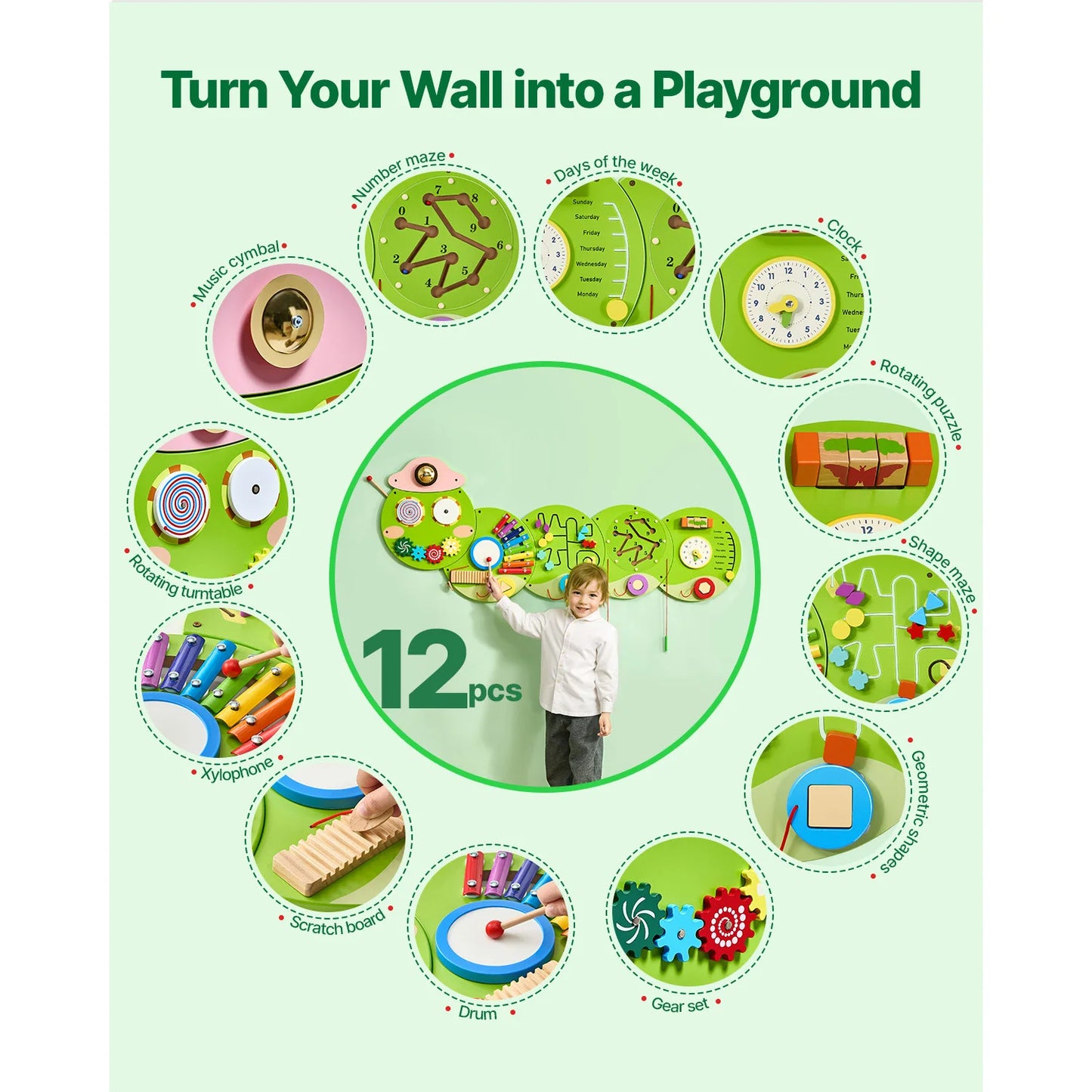 SucceBuy Caterpillar Kids Wall Busy Board 12 Activities