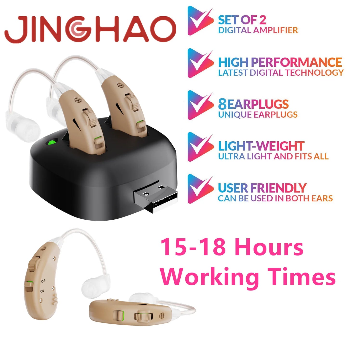 Hign-concerned JINGHAO Rechargeable BTE Hearing Aids Behind Ear Sound Amplifier