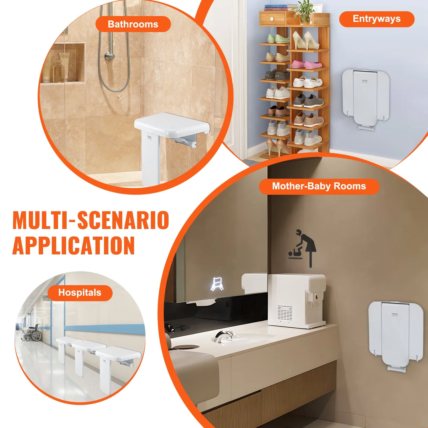 Folding ABS Shower Seat Wall Mount Bench 440 Lb Capacity