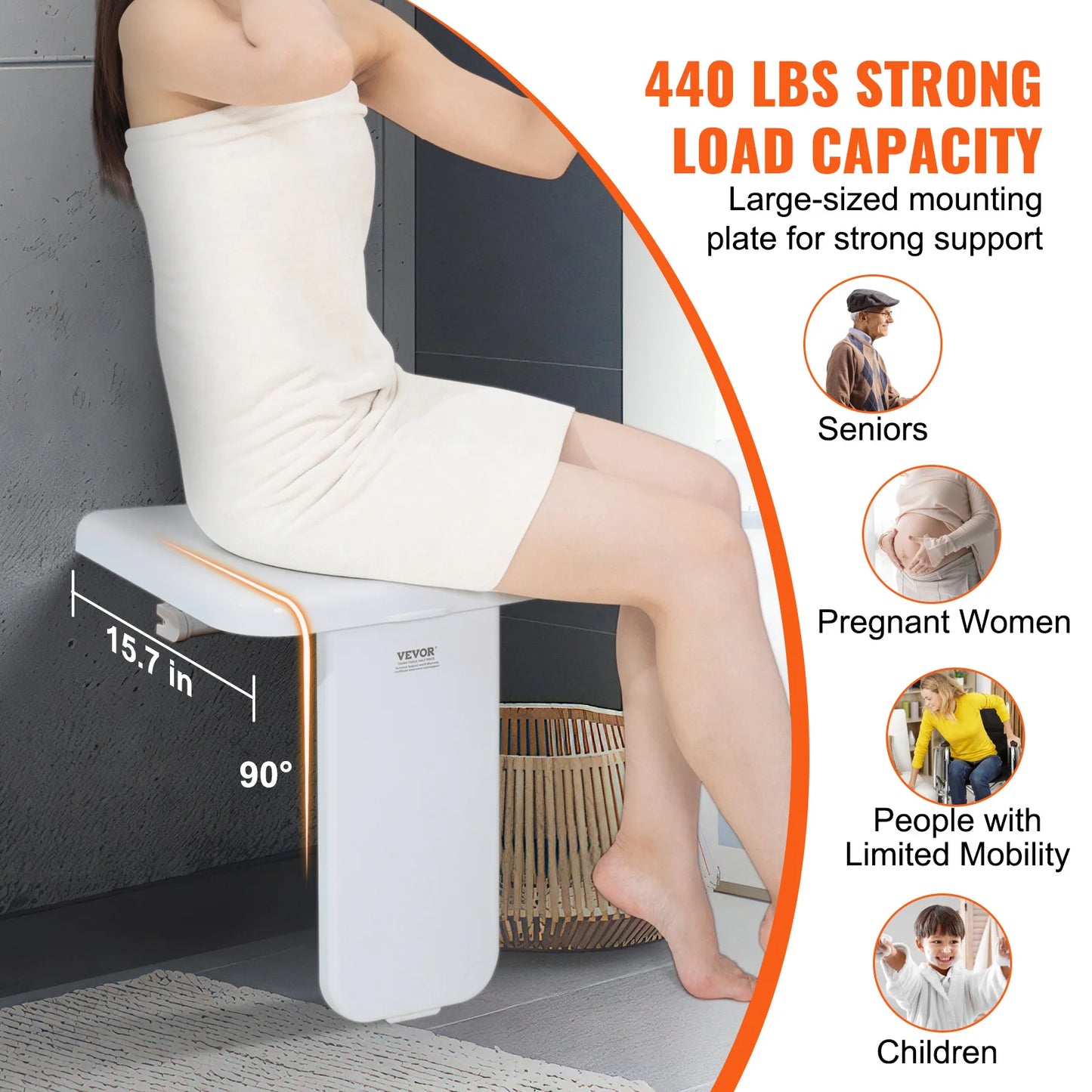 Folding ABS Shower Seat Wall Mount Bench 440 Lb Capacity