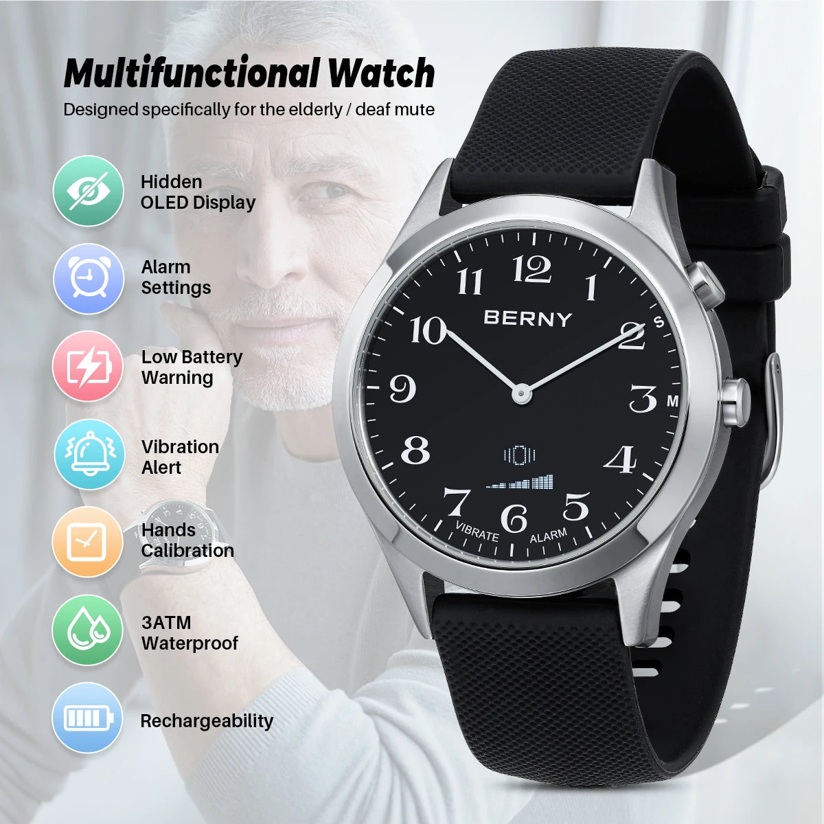 BERNY Analogue Vibrating Watch For Elderly Medication Reminder