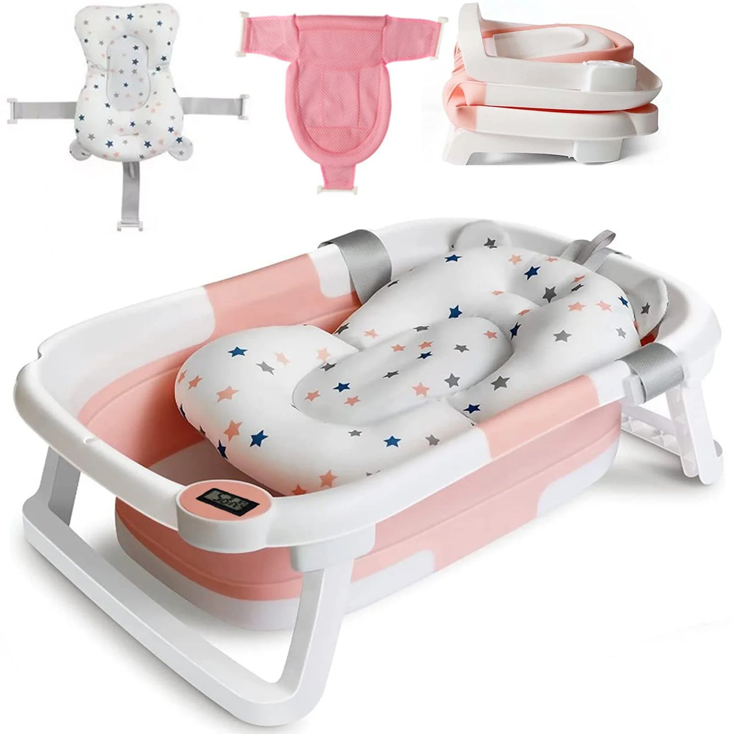 Baby Bath Tub With Cushion Foldable Thermometer Shower Cap