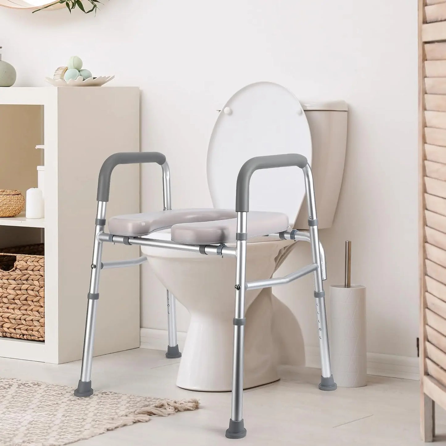 Raised Toilet Seat With Standalone Frame And Padded Seat