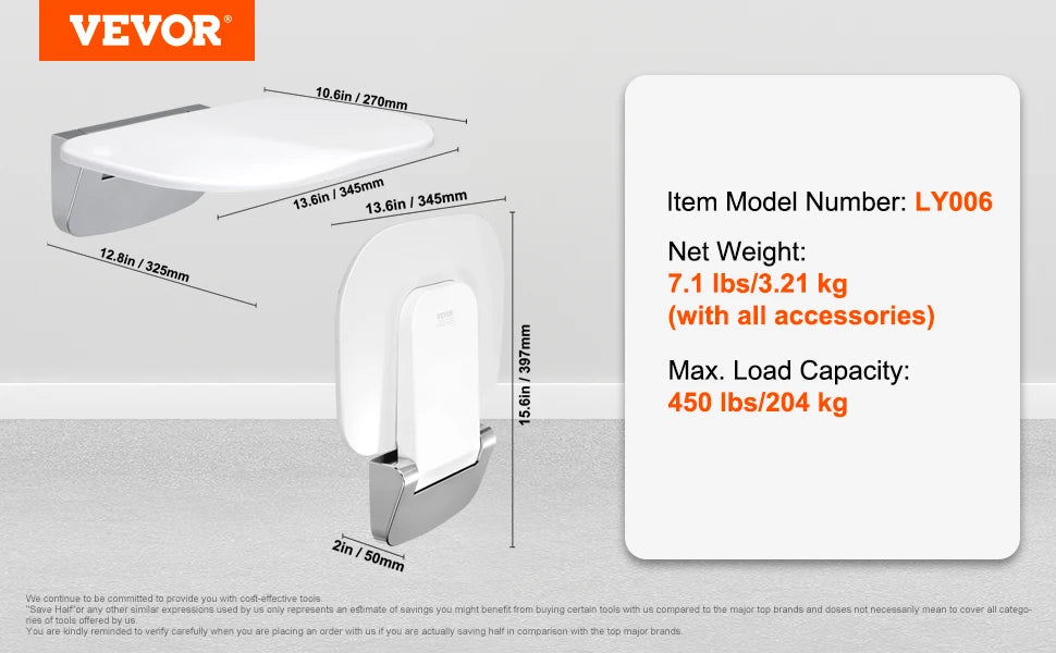 Folding ABS Shower Seat Wall Mount Bench 440 Lb Capacity