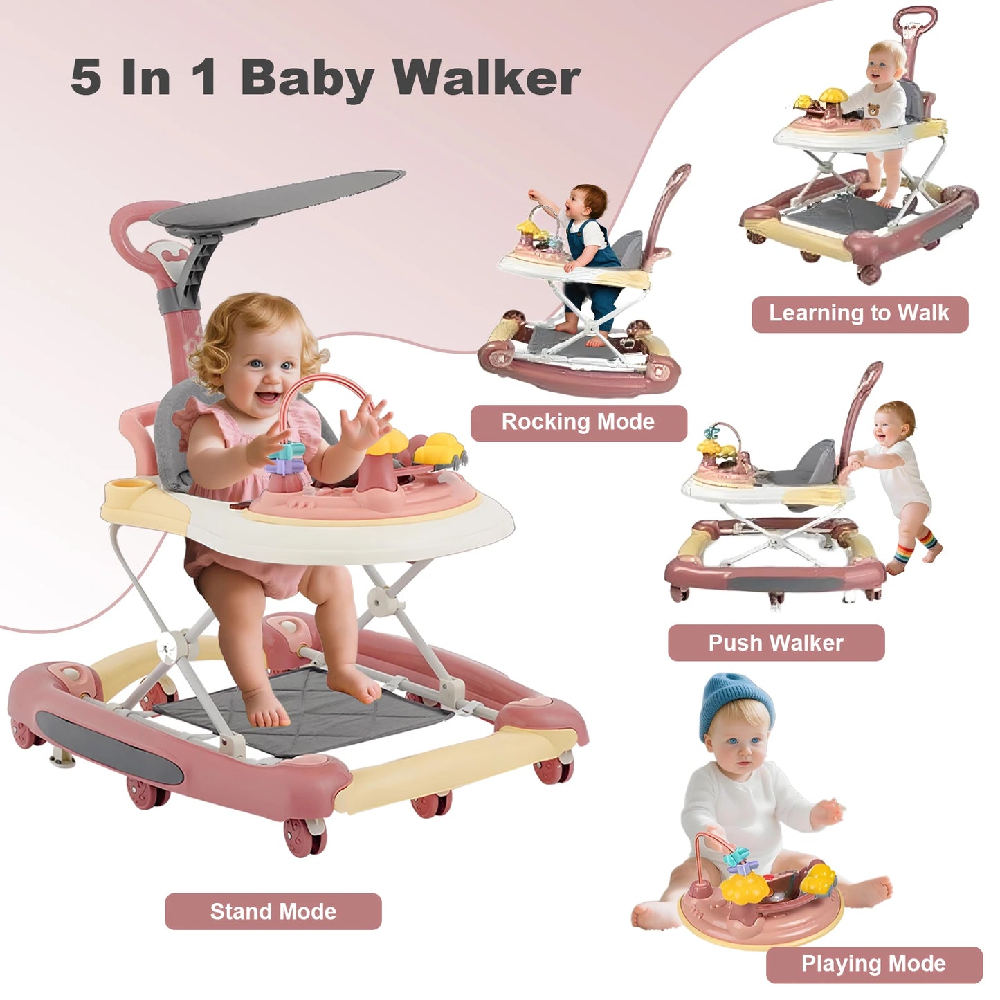 5-In-1 Foldable Baby Walker With Universal Wheels And Anti-Roll