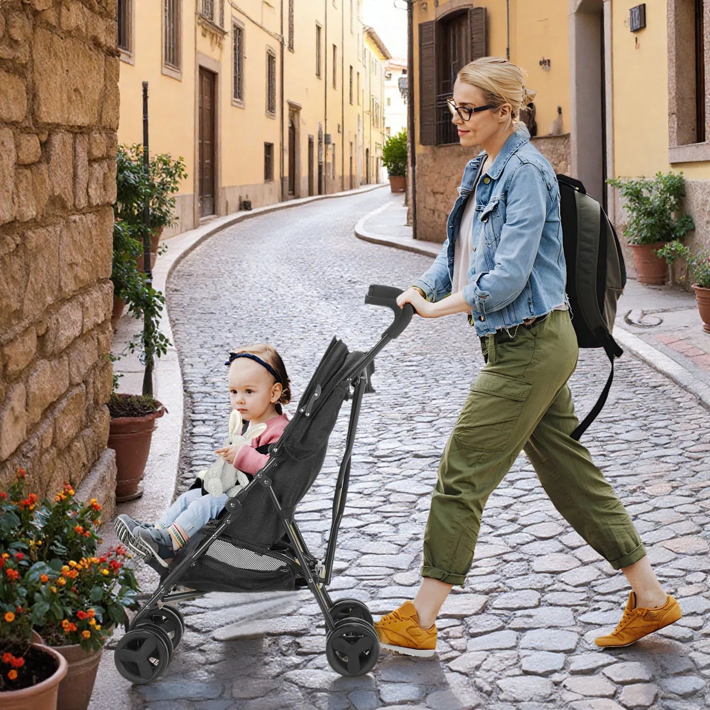 Lightweight Folding Stroller With Reclining Seat And Four Wheels