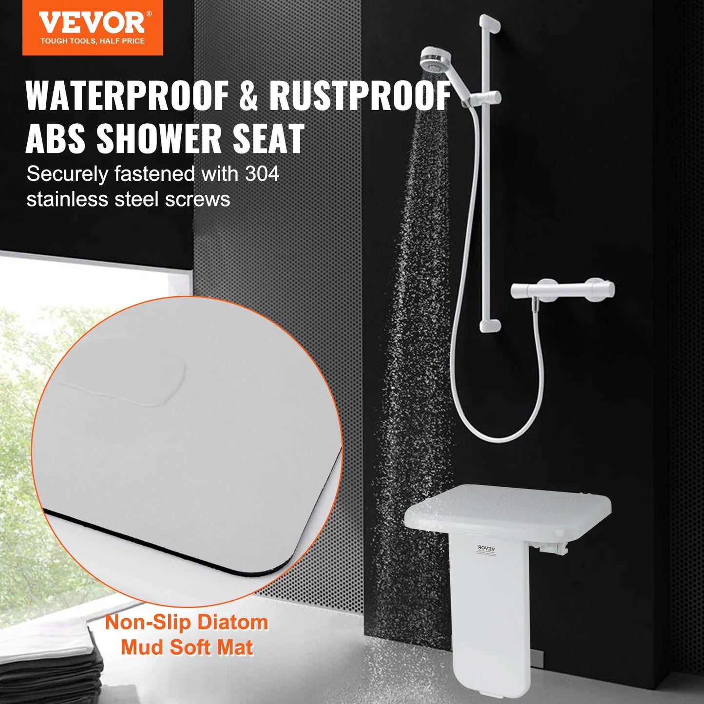 Folding ABS Shower Seat Wall Mount Bench 440 Lb Capacity