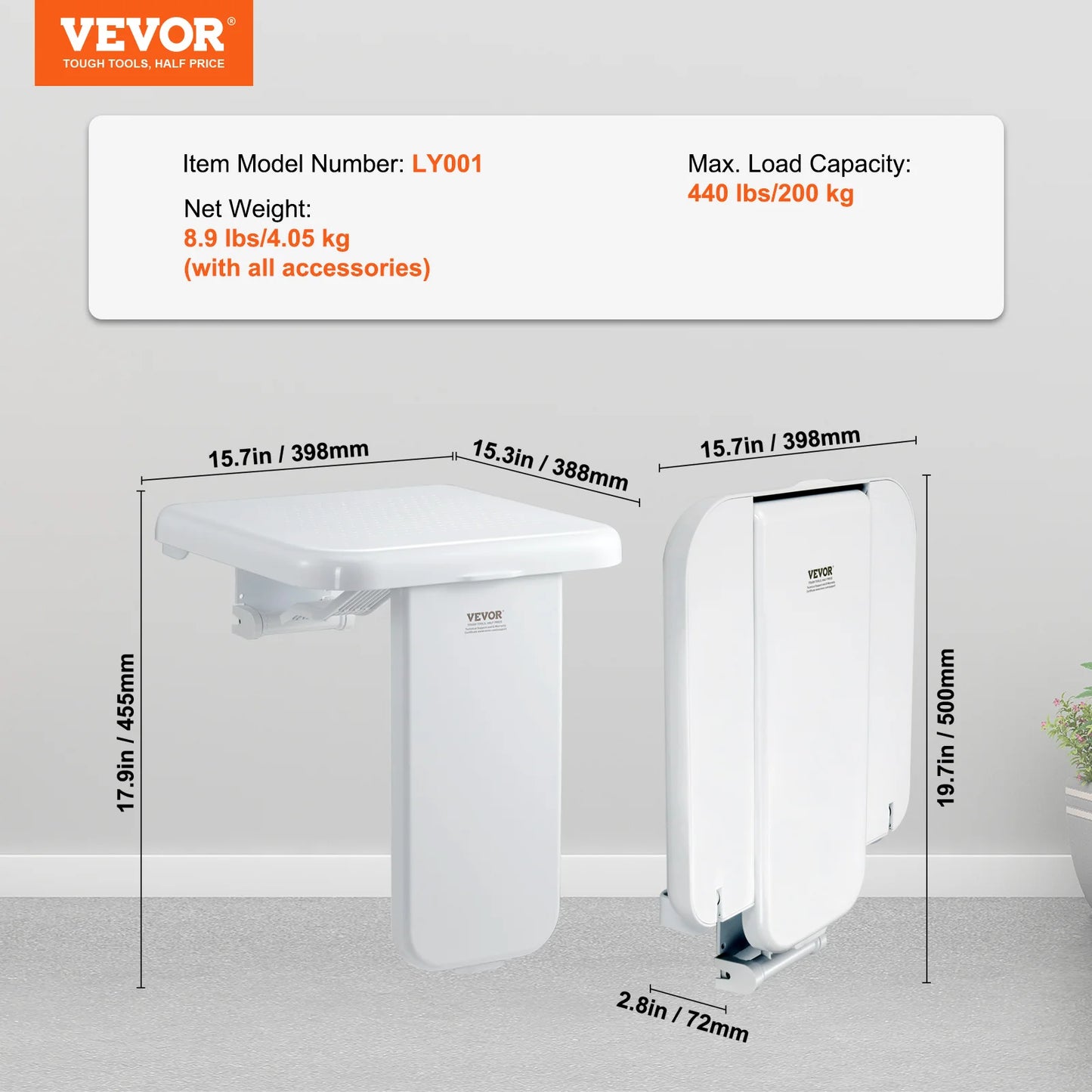 Folding ABS Shower Seat Wall Mount Bench 440 Lb Capacity