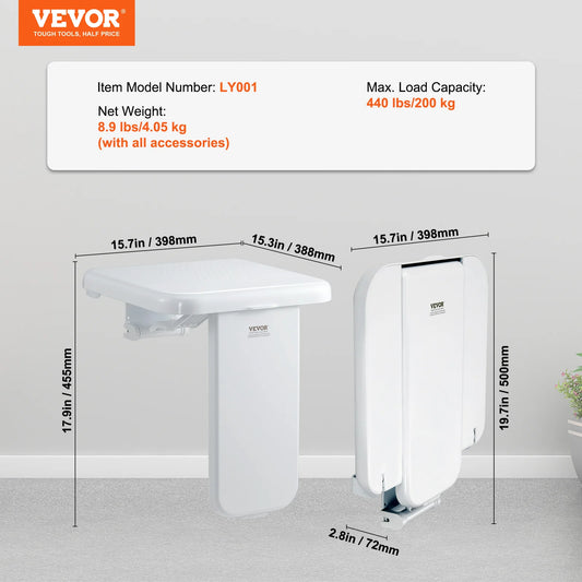 Folding ABS Shower Seat Wall Mount Bench 440 Lb Capacity
