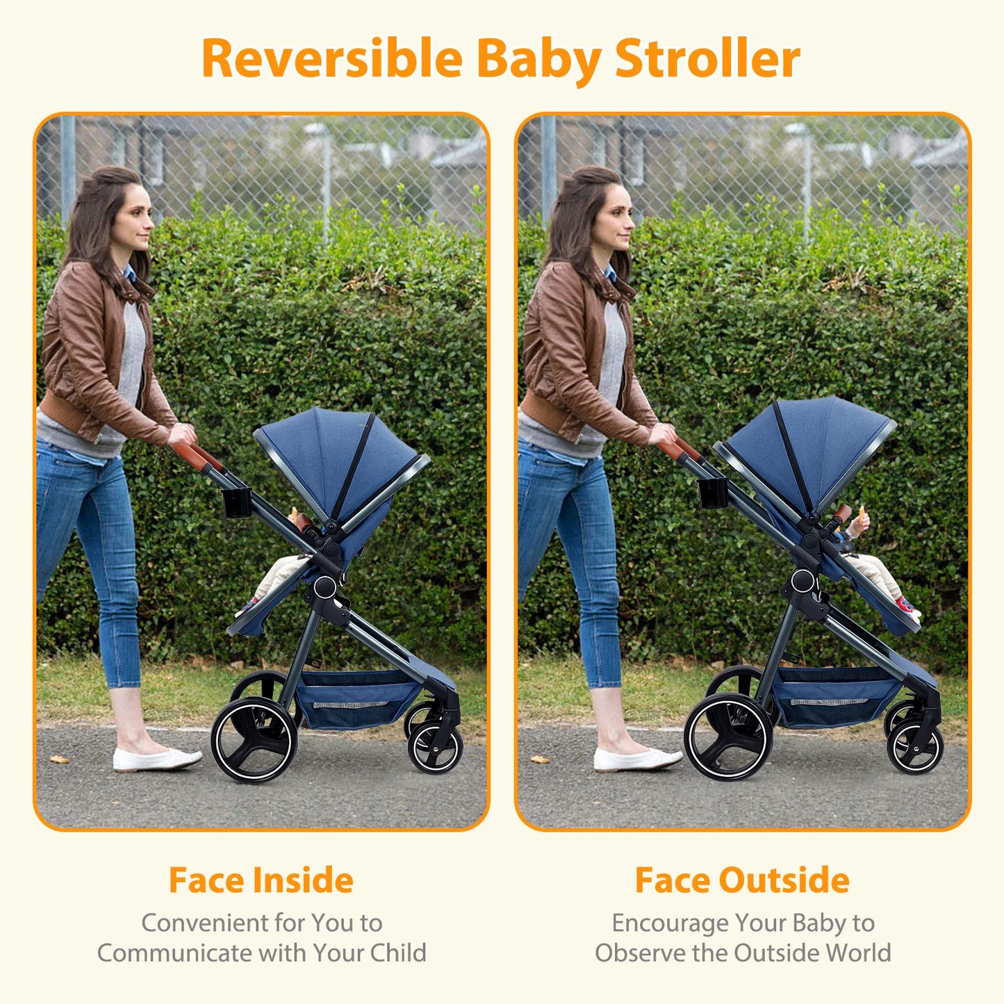 2 In 1 Convertible Baby Stroller With Foldable Pushchair And Adjustable Canopy