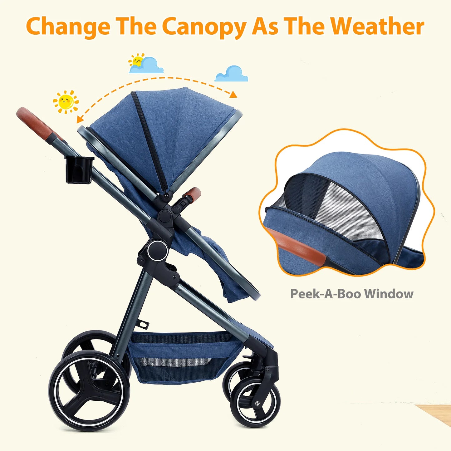 2 In 1 Convertible Baby Stroller With Foldable Pushchair And Adjustable Canopy