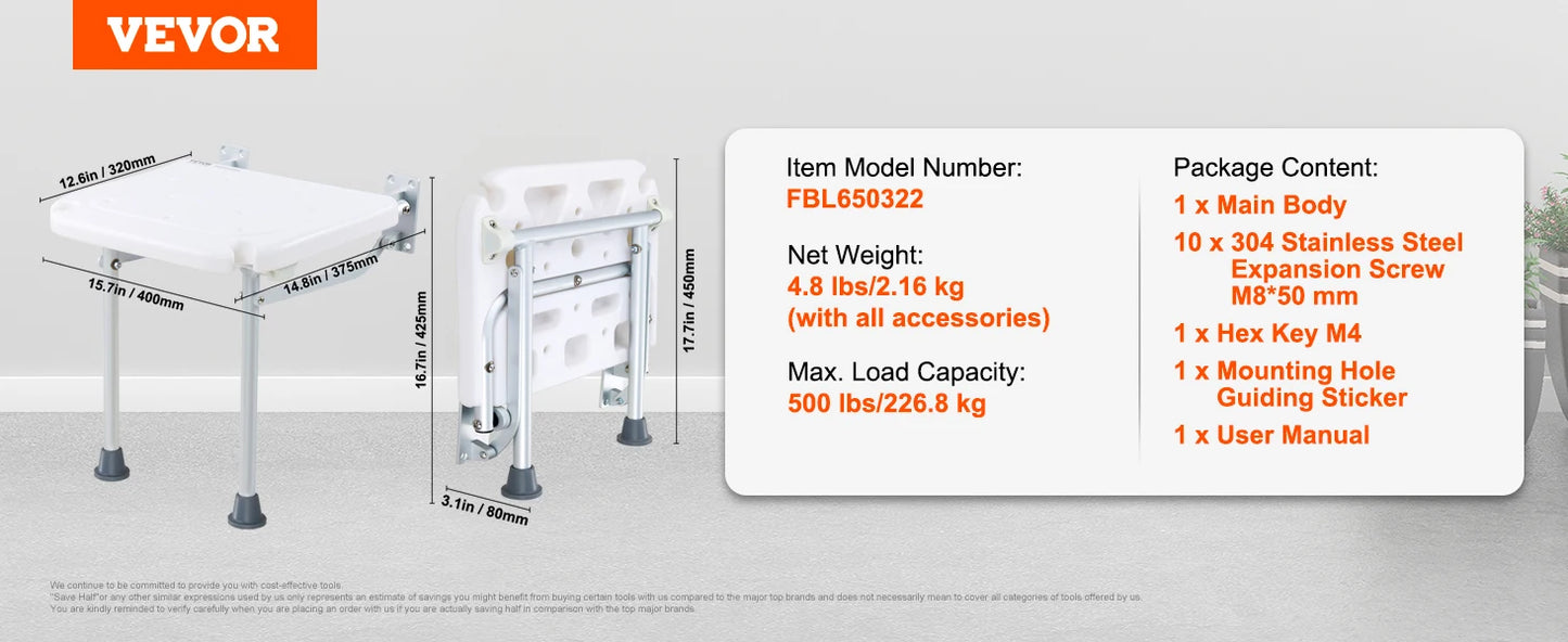 Folding ABS Shower Seat Wall Mount Bench 440 Lb Capacity
