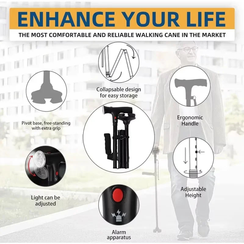 OIMG Collapsible Telescopic LED Alarm Walking Cane