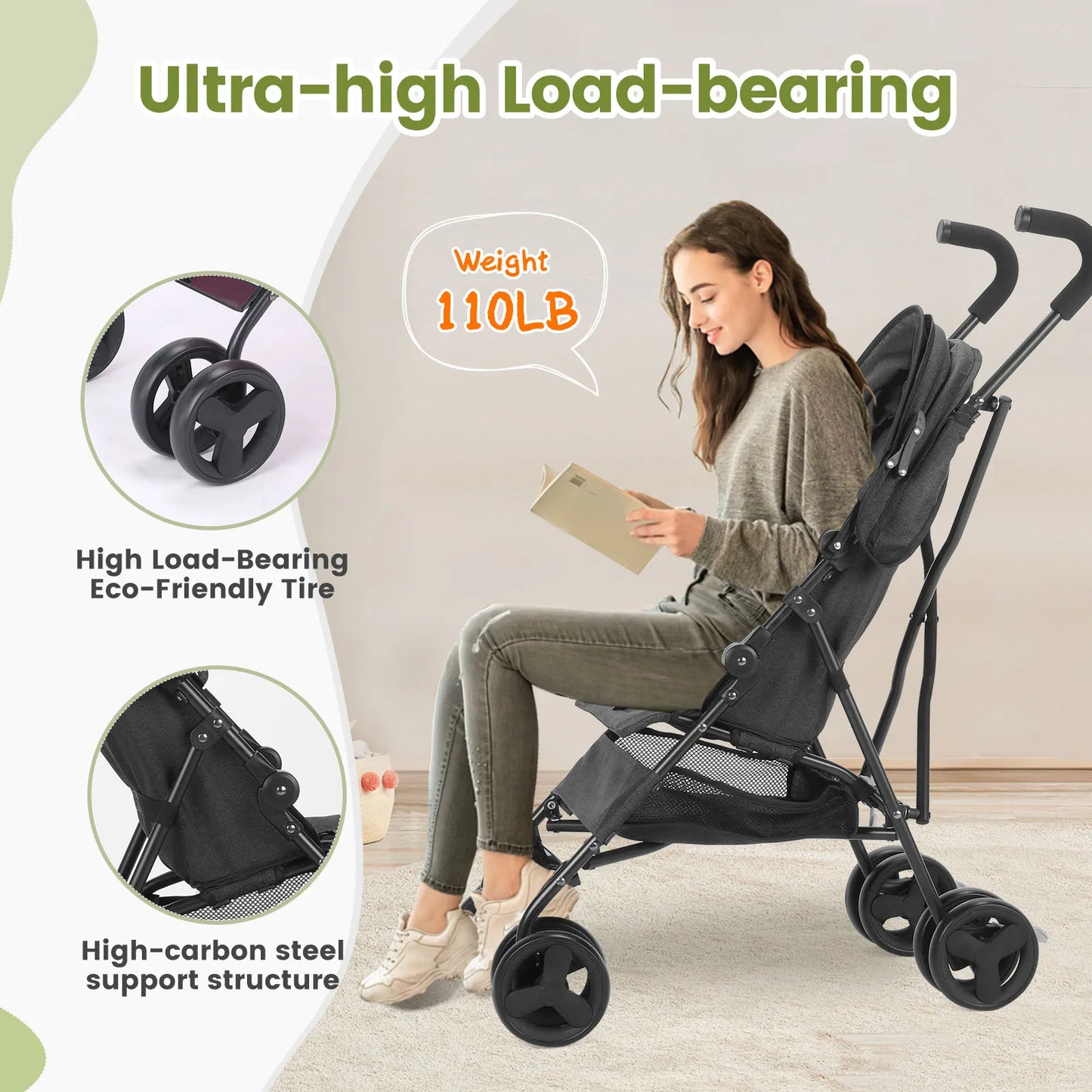Lightweight Folding Stroller With Reclining Seat And Four Wheels