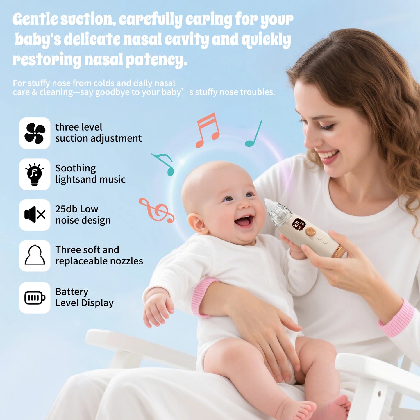 Hansqui Electric Baby Nasal Aspirator With 3 Silicone Nozzles Rechargeable