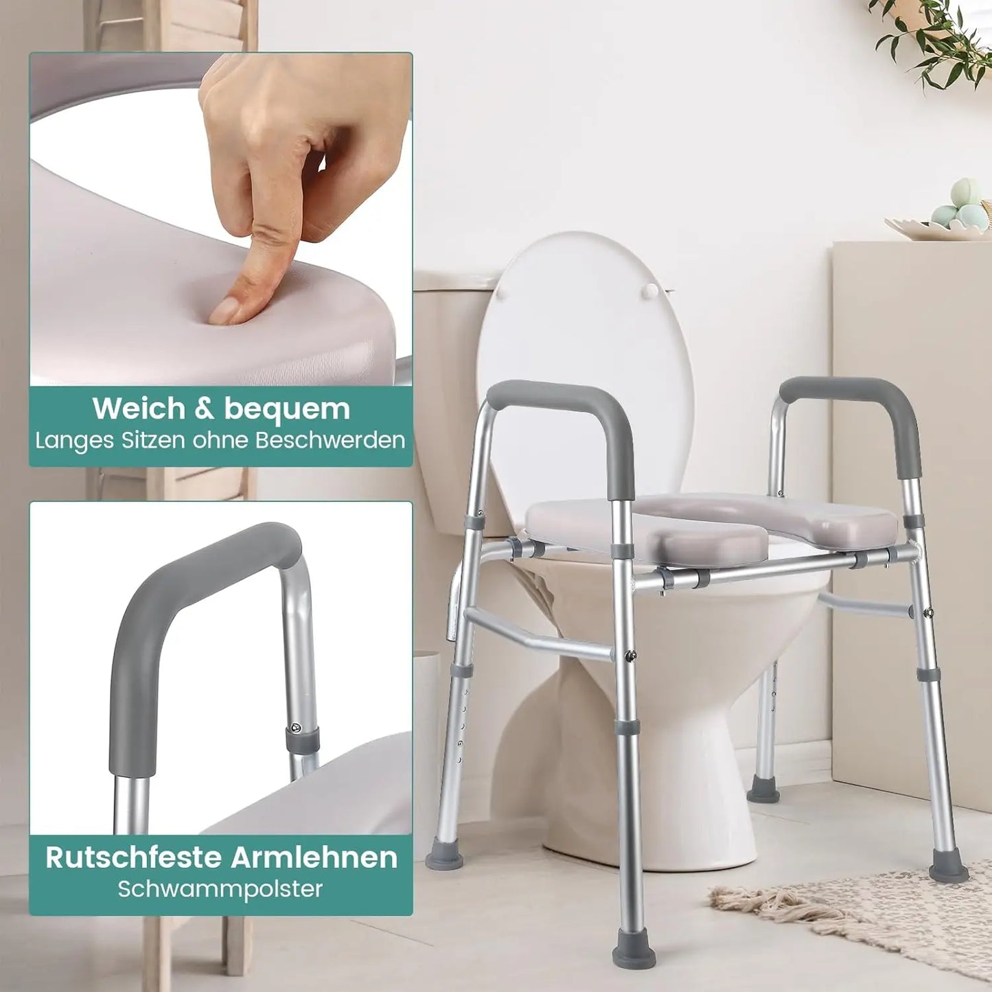 Raised Toilet Seat With Standalone Frame And Padded Seat
