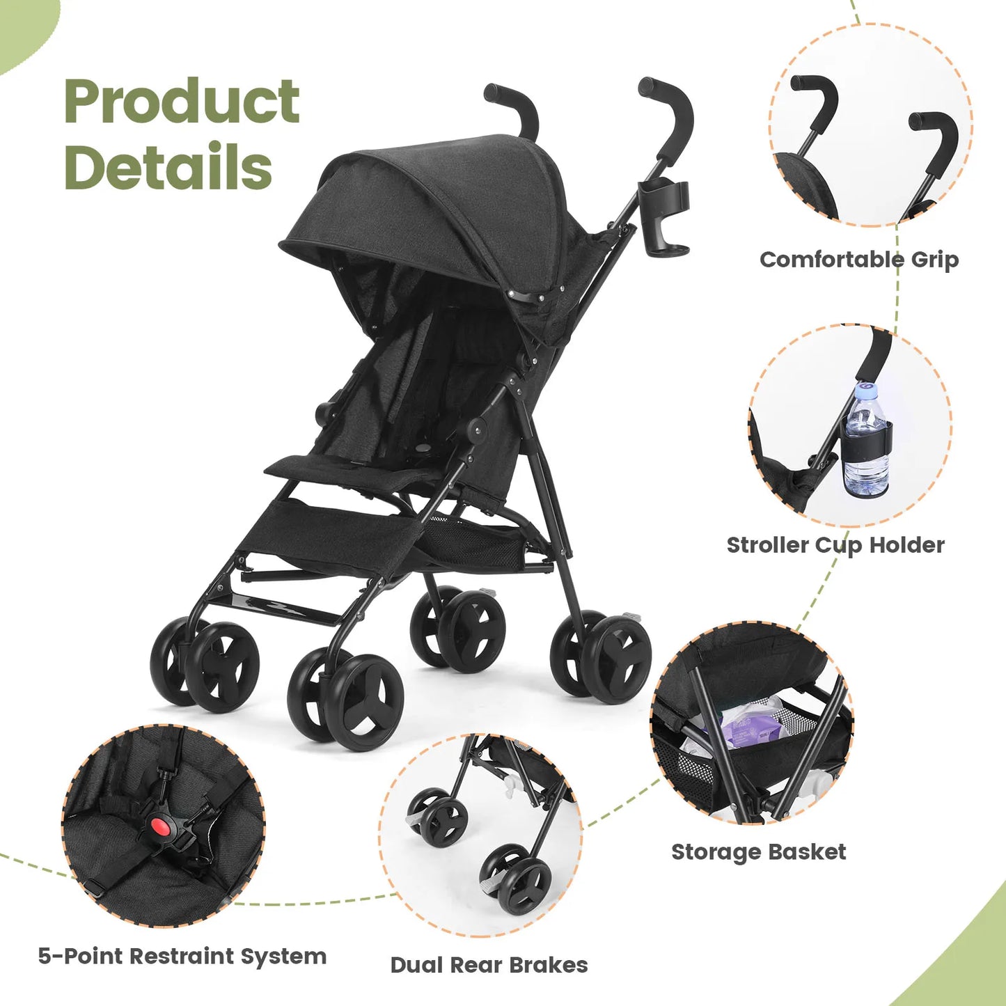 Lightweight Folding Stroller With Reclining Seat And Four Wheels