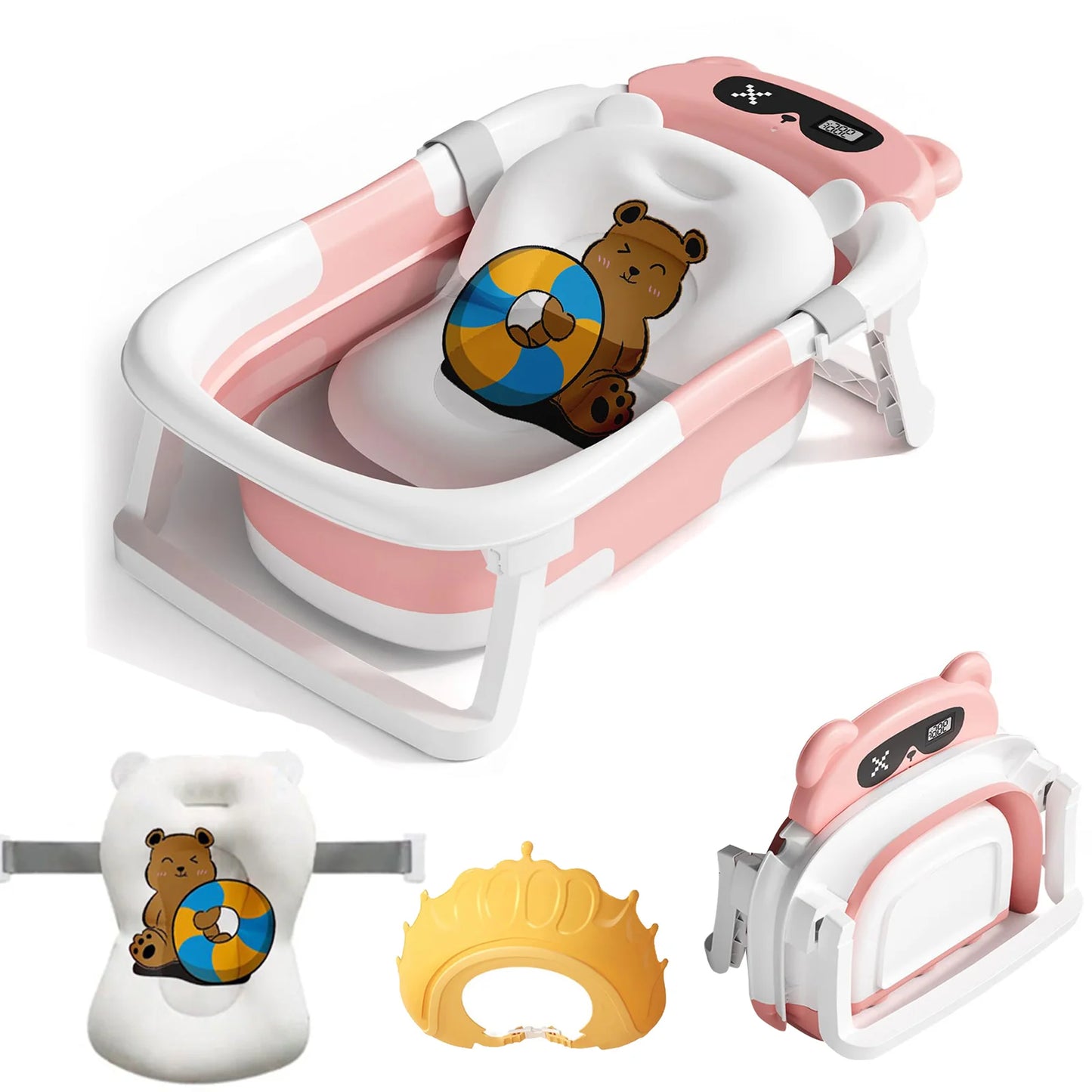 Baby Bath Tub With Cushion Foldable Thermometer Shower Cap