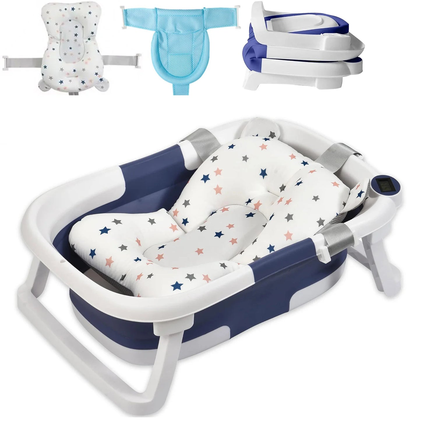 Baby Bath Tub With Cushion Foldable Thermometer Shower Cap